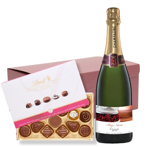 Personalised Champagne - Wedding Cake Label and Lindt Master Chocolatier Hamper – Premium Gift
